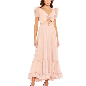 Mac Duggal Blush Pink Puff-Sleeve Maxi Dress with Tassel Tie